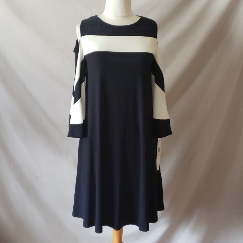 New Nina Leonard Navy White Cold Shoulder Dress
